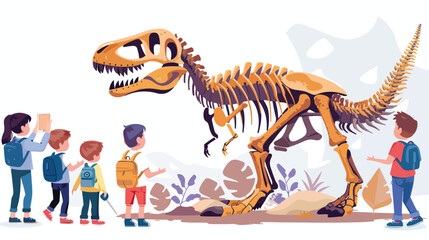 Group of kids watching tyrannosaurus dinosaur skeleton