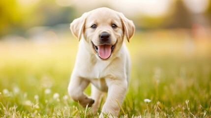 Adorable puppy happily playing in the vibrant green grass, joyful pet enjoying a carefree romp