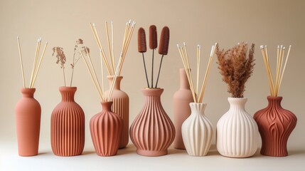 Luxury home decor  diffuser rods, elegant incense packaging, artisan ceramics in earth tones