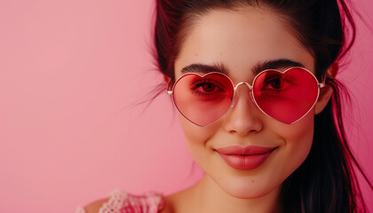 Young woman in pink heart sunglasses