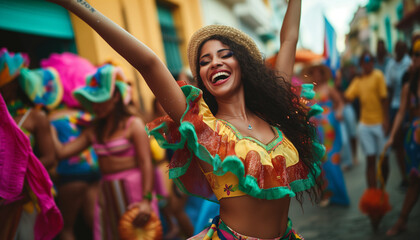 Happy latin woman on carnival street