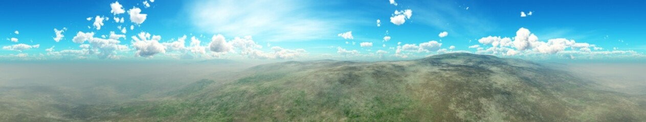 Panorama of hilly landscape, panorama of mountains, landscape of hills and clouds on blue sky, 3D rendering - 785443390