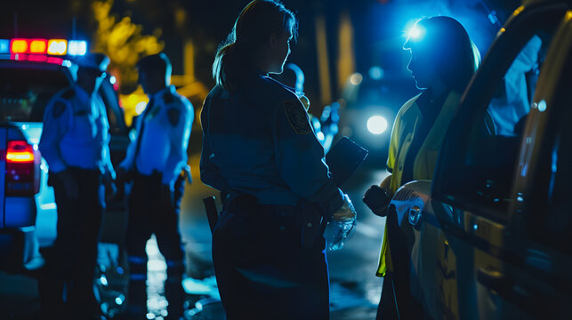 Crime Scene at Night: Crime Scene Investigation Team Working on a Murder. Female Police Officer Briefing Detective on the Victim's Body. Forensics and Paramedics Working. 