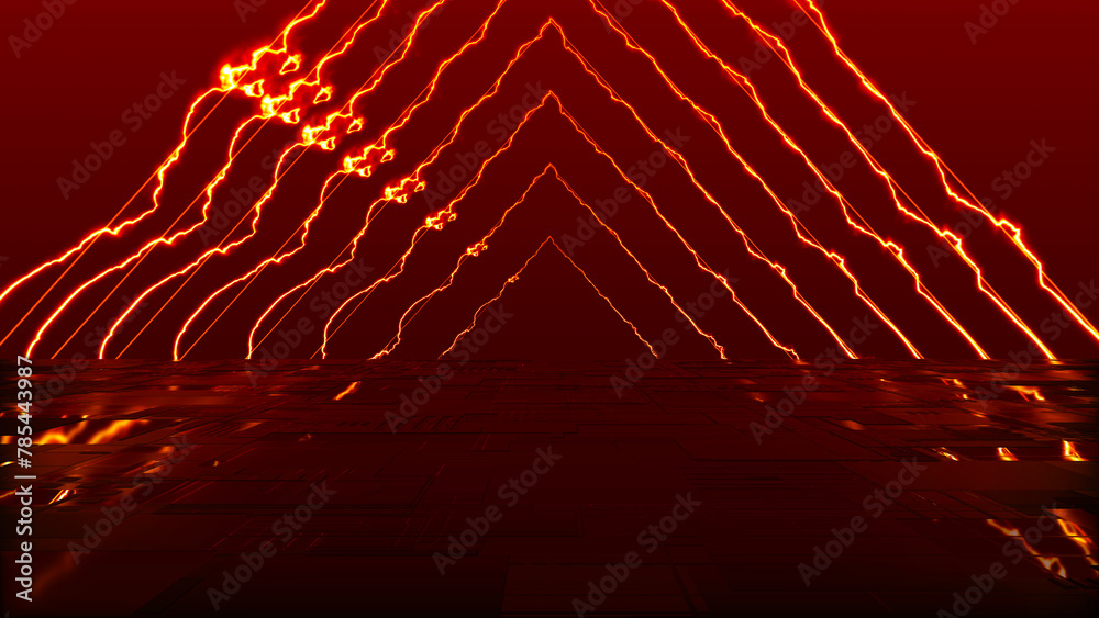 Poster Abstract animated colorful background with bright neon rays and glowing lines. Abstract technical futuristic background. 3D rendering.