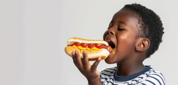Studio Photo Of an African American Boy Eating a Hot Dog With Ketchup And Mustard, Mouth Full Of Mustard, White Background With Copy Space