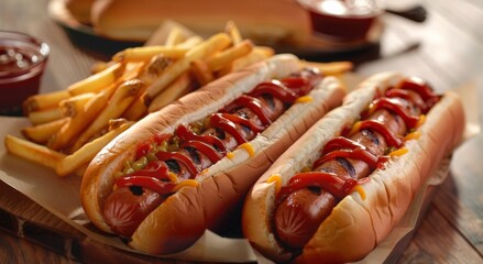 Closeup Hot Dogs With Ketchup On a Wooden Table With French Fries And Ketchup Pot On The Side, Daylight