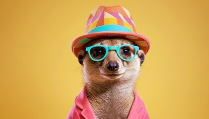 Funny meerkat in a bright hat and stylish glasses, against the background of a yellow wall, vintage and fashionable style. Isolated studio portrait close up.  cute and unusual image. - obrazy, fototapety, plakaty