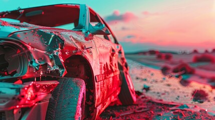 Dramatic sunset car accident scene with shattered glass - obrazy, fototapety, plakaty