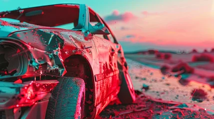 Fotobehang Dramatic sunset car accident scene with shattered glass © volga