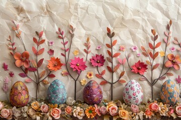Colorful Easter eggs beautifully decorated with flowers and leaves on crumpled paper background in soft pastel hues