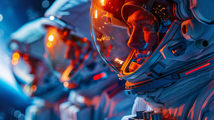 Close-up of a focused astronaut in a detailed space helmet against a high-tech background - obrazy, fototapety, plakaty