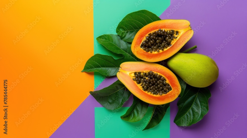 Sticker Papaya with lush green leaves, displayed on a rustic wooden background