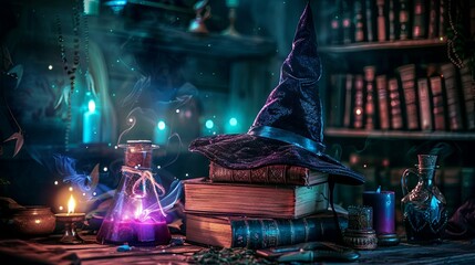 Enchanting witchcraft corner with spell books, magical potions, and wizard hat - obrazy, fototapety, plakaty