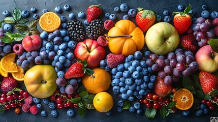 Explore a mosaic of nature's bounty as ripe fruits mingle gracefully, each lending its essence to the vibrant ensemble.