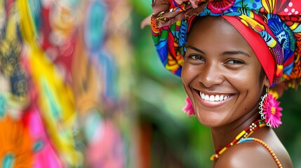 Radiant smile of a young dark-skinned woman wearing colorful headwrap