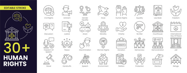 Human Rights line icon collections contains such as democracy, equality of rights, Gender Equality, tolerance, activism, Charity, No War,freedom. Stroke icon collection editable Outline icon
