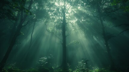 Fototapeta na wymiar explore the depths of an ancient forest shrouded in mist, where towering trees reach for the sky and sunlight filters through the dense canopy, illuminating the verdant undergrowth. 