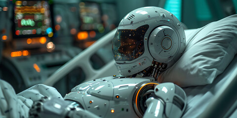 Serene Healthcare: Robot Nurse Nurturing Patient in Tranquil Turquoise Hospital