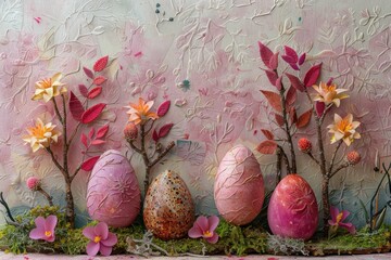Colorful Easter eggs on table with flowers and trees in background, vibrant spring holiday decoration concept