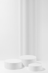 Three white round podiums with striped column as geometric decor, mockup on white background. Template for presentation cosmetic products, gifts, goods, advertising in contemporary black friday style. - 785445304