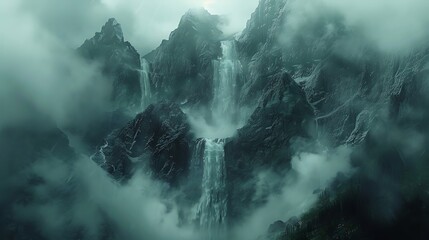 Explore the hidden depths of a misty mountain valley, where towering peaks soar into the heavens. Waterfalls cascade down sheer rock faces, disappearing into the swirling mists below - obrazy, fototapety, plakaty