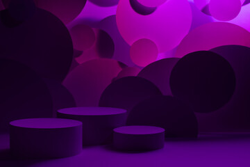 Abstract stage for presentation skin care products - three round podiums mockup in dark pink purple violet glowing light, bubbles fly decor. Template for showing cosmetics in vr black friday style. - 785445382
