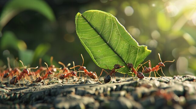 a group of ants working together to carry a large leaf back to their nest, showcasing the efficiency and collaboration of teamwork in the animal kingdom
