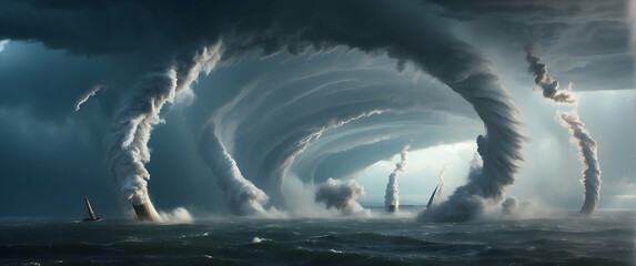 An apocalyptic vision of a gigantic supercell spawning multiple tornadoes over a turbulent ocean, with shafts of light