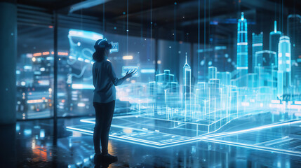 a man standing in front of a large screen with a city map hologram