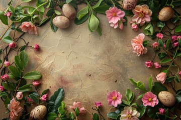 Stylish Easter wreath with flowers and eggs on vintage grungy paper background for festive season concept