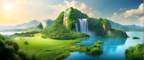 A breathtaking scene with a large waterfall cascading down a mountain amidst lush greenery and a calm lake in the foreground - obrazy, fototapety, plakaty