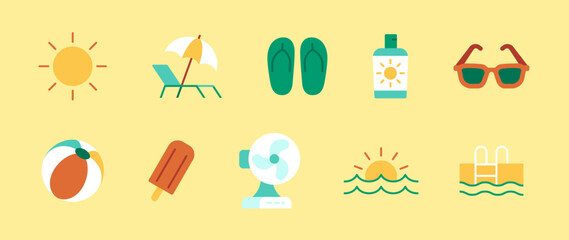 A set of 10 flat icons related to the summer season