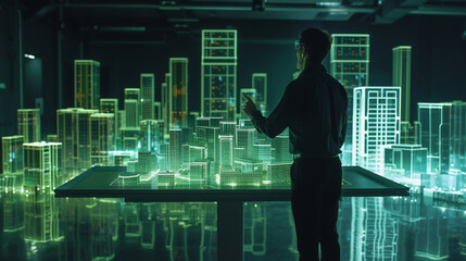 a man standing in front of a large screen with a city map hologram