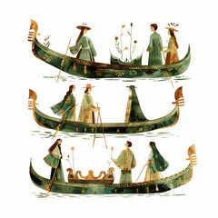 Watercolor vector illustration with gondolier paddling gondola along Venetian - obrazy, fototapety, plakaty