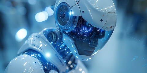 Introspective Robot Amidst an Abstract Landscape of Blue and White - A Symbol of AI Intelligence