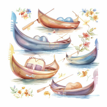 Watercolor vector illustration with gondolier paddling gondola along Venetian