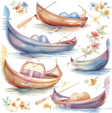 Watercolor vector illustration with gondolier paddling gondola along Venetian