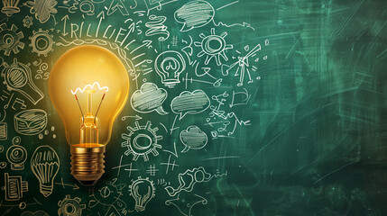 Light Bulb with Chalk Drawings of Ideas and Innovation on Blackboard