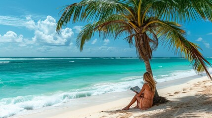 Fototapeta na wymiar A woman in a flowing sundress reads a book under a palm tree on a secluded beach the turquoise waves gently lapping at the shore creating a peaceful escape