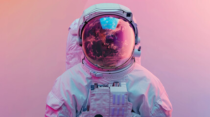 Astronaut with Reflective Visor Overlooking Earth, Pink Gradient Background