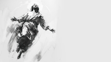 Hand draw sketch art of The resurrected Jesus Christ ascending to heaven
