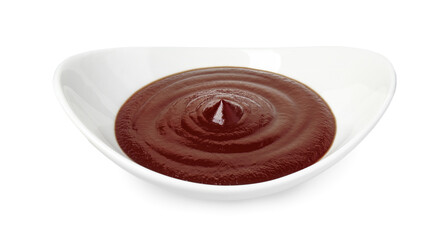 Tasty barbecue sauce in bowl isolated on white