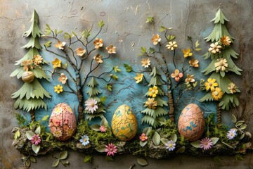 Colorful Easter eggs decorated with flowers and trees on rustic background for festive celebration concept