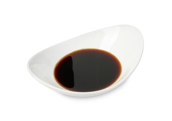 Tasty soy sauce in gravy boat isolated on white
