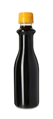 Tasty soy sauce in bottle isolated on white