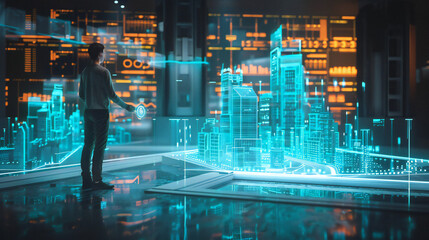 a man standing in front of a large screen with a city map hologram