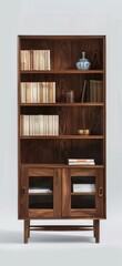 Walnut bookcase cabinet with sleek design. Versatile storage solution for any space
