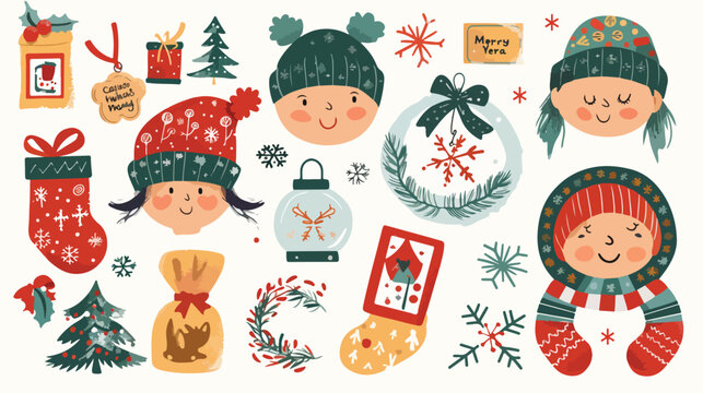 Happy New Year and Merry Christmas kids stickers set.