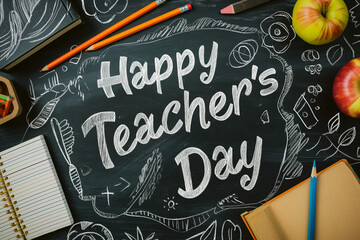 A vintage blackboard with "Happy Teacher's Day" written in elegant cursive chalk letters, surrounded by doodles of books, apples, and pencils, soft light, with copy space