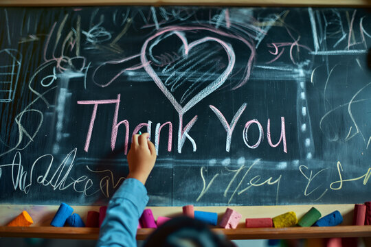 Close-up of a teacher's hand drawing a heart around "Thank You" on a classroom blackboard, with colorful chalk pieces resting on the ledge below, soft light, with copy space
